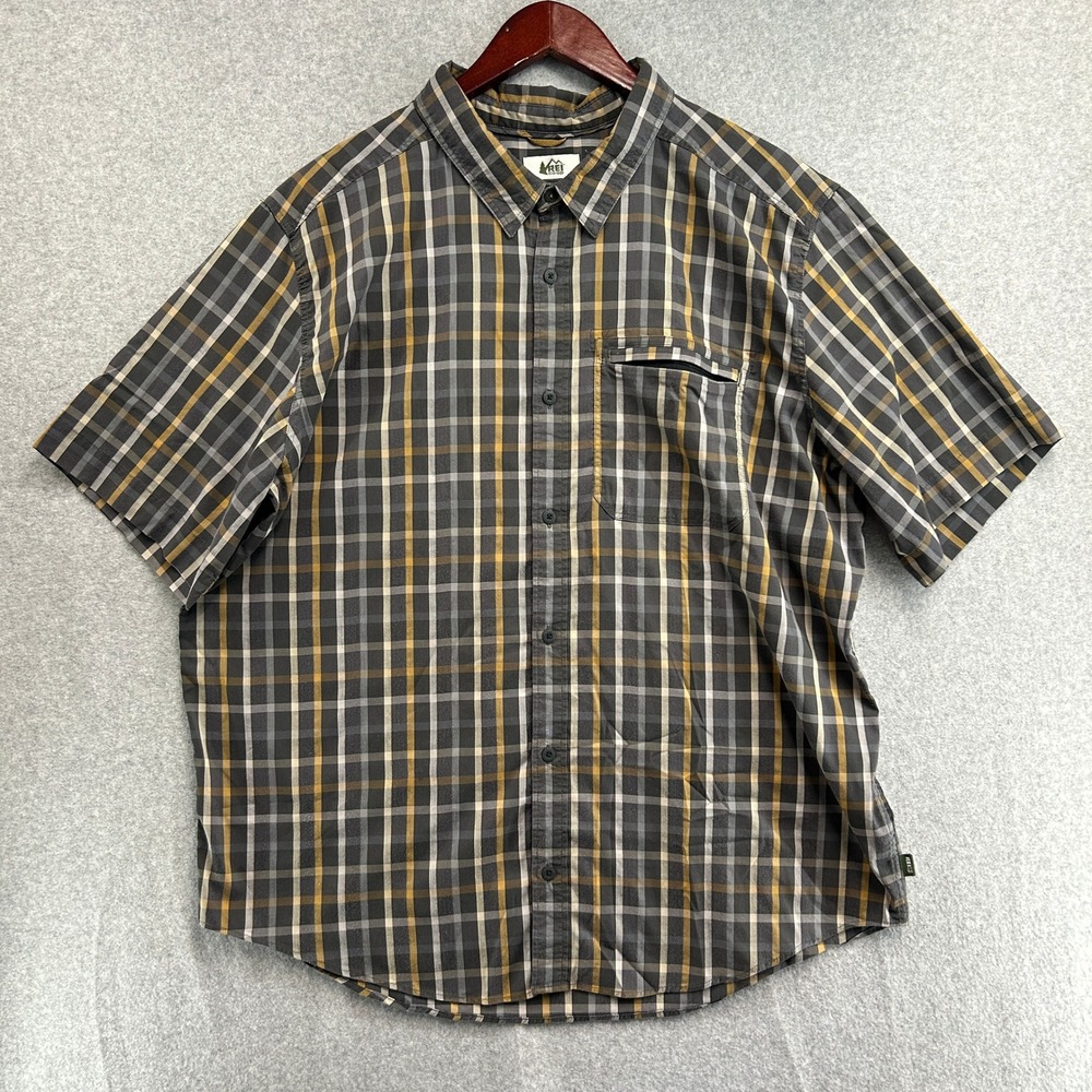 REI Co-op Shirt Grey Yellow Plaid Zipper Pocket Outdoor Gorp Mens XL Extra Large